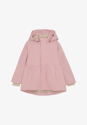 Pink waterproof jacket with a hood, featuring a zip front, side pockets, and a peplum waist design. Interior has a contrasting light lining.