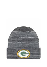 Grau gestrickte Mütze mit horizontalen Streifen, ausgestattet mit einem gestickten runden Logo in Grün und Gelb am umgeschlagenen Bund. Weicher Stoff.