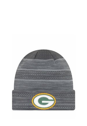 Bonnet en tricot gris avec des rayures horizontales, doté d'un logo rond brodé en vert et jaune sur le revers. Texture douce.