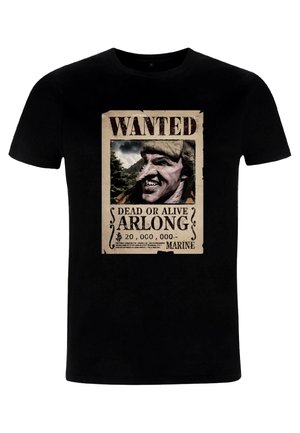 Sort bomulds T-shirt med et "Wanted" plakatdesign, der viser en illustreret karakter og tekst, der angiver en dusør på 20.000.000.