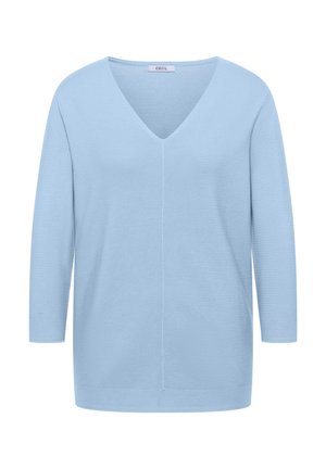 Světle modrý žebrovaný pletený svetr s výstřihem do V, dlouhými rukávy a rovnou spodní lemovkou, se štítkem "CECIL" na límci.