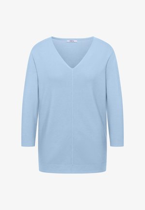 Světle modrý žebrovaný pletený svetr s výstřihem do V, dlouhými rukávy a rovnou spodní lemovkou, se štítkem "CECIL" na límci.