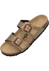 Sandali con due fibbie in pelle dorata metallizzata, con soletta in sughero, superficie testurizzata e suola in gomma nera. Le fibbie sono di tonalità bronzo.