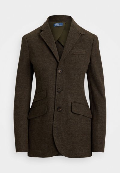 Brown herringbone blazer with notched lapels, three buttons, two front pockets, and a chest pocket. Textured fabric and tailored fit.