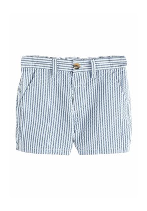 Blue and white striped shorts made of lightweight fabric, featuring a button closure, belt loops, and two front pockets.