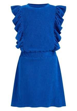 Niebieska sukienka bez rękawów z falbanami na ramionach oraz kwadratową przednią częścią w stylu śliniaczka, z marszczonym pasem.