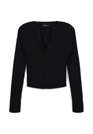 Cardigan nero a coste con maniche lunghe, dal taglio cropped e scollatura a V, caratterizzato da una parte anteriore senza bottoni e una texture morbida.