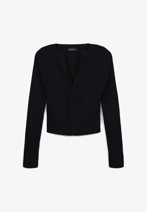 Cardigan nero a coste con maniche lunghe, dal taglio cropped e scollatura a V, caratterizzato da una parte anteriore senza bottoni e una texture morbida.