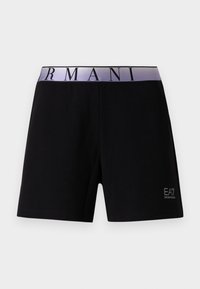 Pantaloni scurți atletici negri cu o textură moale, având o bandă elastică violet deschis cu inscripția "ARMANI" în negru și logo-ul EA7 în colț.