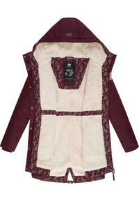 Bordowa kurtka zewnętrzna z pluszową kremową podszewką, kwiatowymi wzorami w środku, z kapturem i zapięciami na zatrzaski.