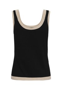 Haut en maille noir sans manches avec une bordure beige autour de l'encolure, des emmanchures et de l'ourlet, présenté sur fond blanc.