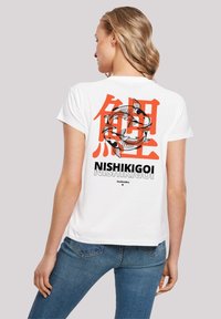 White cotton t-shirt featuring a large graphic of koi fish and Japanese characters in orange and black on the back. Slim-fit design.