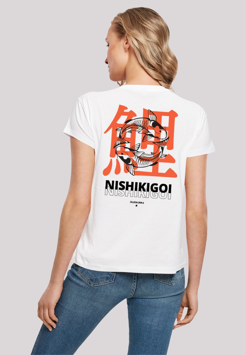White cotton t-shirt featuring a large graphic of koi fish and Japanese characters in orange and black on the back. Slim-fit design.