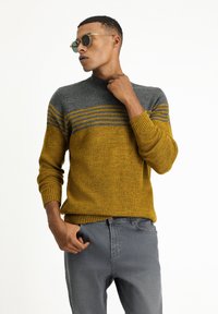 Strickpullover in senfgelb und grau, mit horizontalen Streifen, einem hohen Kragen und gerippten Bündchen. Getragen mit grauen Hosen.
