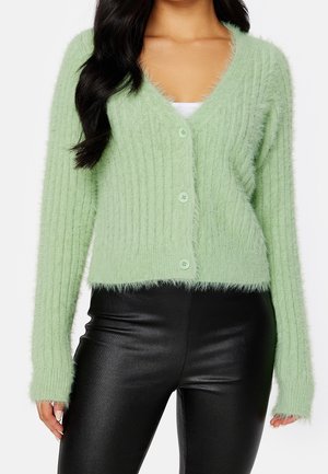 Femme portant un cardigan duveteux vert clair avec des boutons sur un haut blanc et un pantalon en cuir noir, montrée de la moitié de la poitrine jusqu'aux hanches.