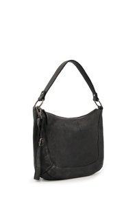 Schwarze Lederhandtasche mit geschwungener Form, strukturierter Oberfläche und einem einzelnen Schulterriemen. Verfügt über einen abnehmbaren Akzentriemen und silberne Beschläge.