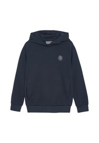 Mørkeblå hettegenser med teksturert overflate, med en liten logo på brystet, og ribbede mansjetter og nederkant.