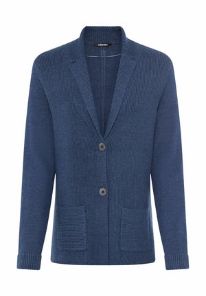 Cardigan di maglia blu navy con colletto a scialle, due tasche a toppa e chiusura a due bottoni. Polsini a coste e texture su tutta la superficie.