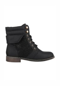 Botte noire mi-mollet à lacets avec col rembourré, panneau latéral en mesh floral, œillets dorés et petit talon en bois empilé.