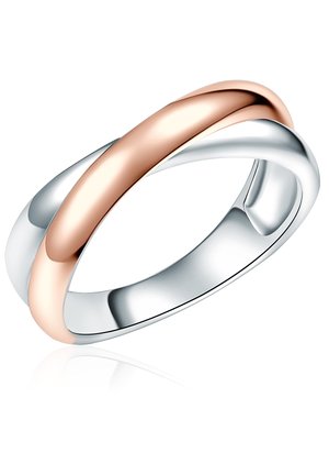 Due anelli intrecciati formano un anello, uno in oro rosa lucidato e l'altro in argento lucido. I bordi lisci e arrotondati creano un design senza cuciture.