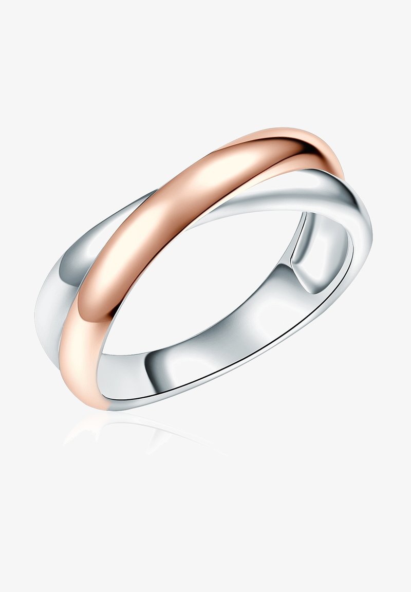 Dva preplietajúce sa prstene tvoria prsteň, pričom jeden je leštené ružové zlato a druhý leštené striebro. Hladké, zaoblené okraje vytvárajú bezproblémový dizajn.