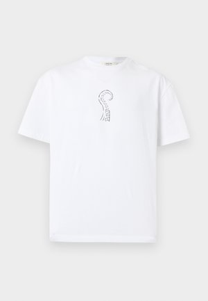 White cotton t-shirt with short sleeves and a round neckline, featuring a black octopus tentacle graphic on the chest.