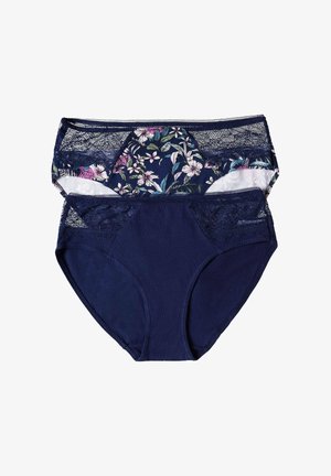 Granatowe bawełniane majtki z koronkowymi detalami w odcieniach fioletu i zieleni, charakteryzujące się gładką fakturą i średnim stanem.