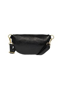 Sac bandoulière en cuir noir avec une forme arrondie, des accents en métal doré, une bandoulière amovible et une finition lisse.