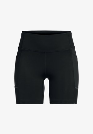 Mustad spordishortsid, mis on valmistatud venivast materjalist, kõrge vöökoht, keha järgi lõige ja peened külgmised detailid.