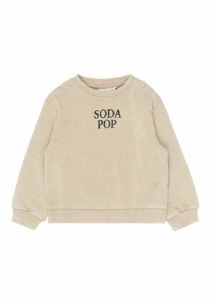 Beežika pika varrukaga dressipluus soonikkoes varrukaotste ja äärega, musta tekstiga "SODA POP" rinnal keskpunktis.