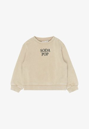 Sweat-shirt beige à manches longues avec poignets et ourlet côtelés, avec texte noir "SODA POP" centré sur la poitrine.