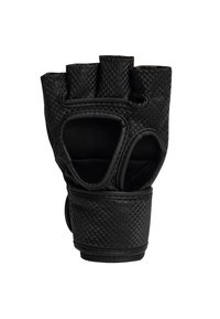 Zwarte vingerloze handschoen van textuurmateriaal, met gewatteerde knokkels, een open palm ontwerp en een verstevigde pols voor ondersteuning.