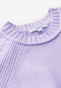 Maglione lavorato a maglia viola con scollatura a coste e decorazioni in punto cable. Presenta un'etichetta con la scritta "NEXT". Tessuto morbido e testurizzato.