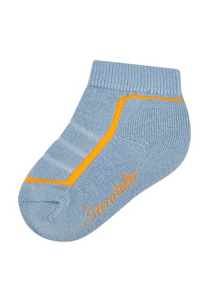 Light blue ankle sock with orange stripes and "Sterntaler" text, featuring a ribbed cuff and cushioned sole.