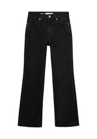 Jean noir droit avec cinq poches, passants de ceinture et fermeture à bouton et zip devant, posé à plat sur fond blanc.