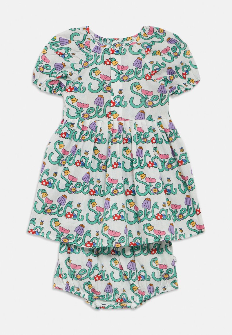 Virágmintás ruha rövid, pöttyös ujjakkal, gombos elülső résszel és húzott szoknyával. Világosszürke anyag zöld, rózsaszín és sárga díszítésekkel.