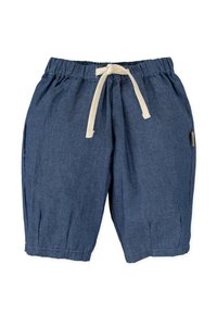 Pantalones cortos de chambray azul con cinturilla elástica, cordón de cremoso, bolsillos laterales y dobladillos doblados. Tejido ligero con una textura suave.
