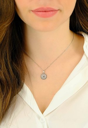 Collier en argent avec un pendentif circulaire présentant un design de lion, sur une chaîne fine, porté sur une chemise blanche. Cheveux longs et ondulés.