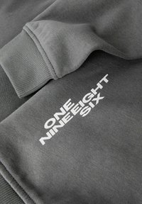 Manica e polsino di felpa grigia con testo bianco "ONE NINETEIGHT SIX" stampato sul tessuto.