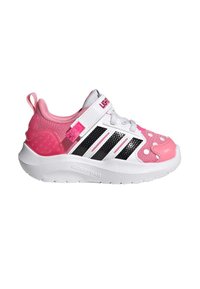 Chaussure de sport rose et blanche avec des rayures noires, des pois, et une semelle Cloudfoam. Elle possède une bride auto-agrippante et une tige texturée pour une meilleure respirabilité.