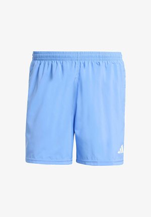 Shorts de sport bleu clair avec une taille élastique, fabriqués en tissu lisse, avec un logo blanc en bas à droite.