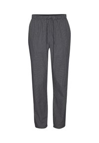 Juodos ir baltos mažos langeliais kelnės su elastinga juosta ir raišteliu, eksponuojamos ant baltos fono.