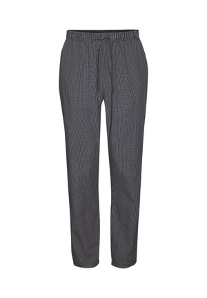 Juodos ir baltos mažos langeliais kelnės su elastinga juosta ir raišteliu, eksponuojamos ant baltos fono.