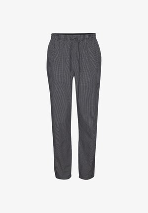 Črne in bele majhne karirane hlače z elastičnim pasom in vrvico, prikazane na beli podlagi.