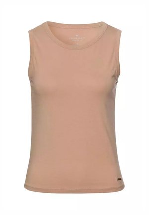 Jasnobrązowy bezrękawnik z okrągłym dekoltem. Wykonany z miękkiego materiału; posiada małą metkę z logo na dole. Gładka tekstura.