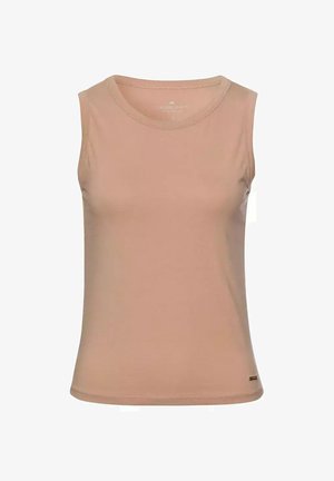 Jasnobrązowy bezrękawnik z okrągłym dekoltem. Wykonany z miękkiego materiału; posiada małą metkę z logo na dole. Gładka tekstura.