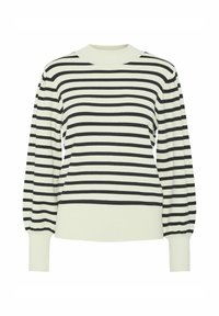 Raidallinen neulepaita kermanvärisessä ja mustassa, jossa on ribattu pyöreä pääntie, pitkät puffihihat ja kapea helma. Pehmeä neulepinta.