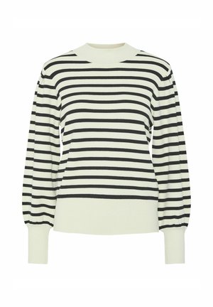 Raidallinen neulepaita kermanvärisessä ja mustassa, jossa on ribattu pyöreä pääntie, pitkät puffihihat ja kapea helma. Pehmeä neulepinta.