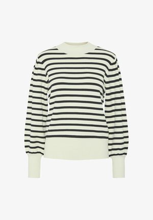 Raidallinen neulepaita kermanvärisessä ja mustassa, jossa on ribattu pyöreä pääntie, pitkät puffihihat ja kapea helma. Pehmeä neulepinta.