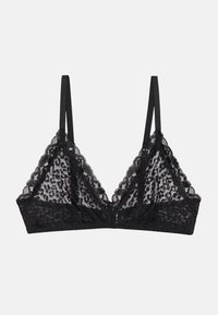 Bralette in pizzo nero con dettagli floreali e a motivo leopardato, coppe triangolari e spalline sottili e regolabili. Tessuto morbido, senza stecche.